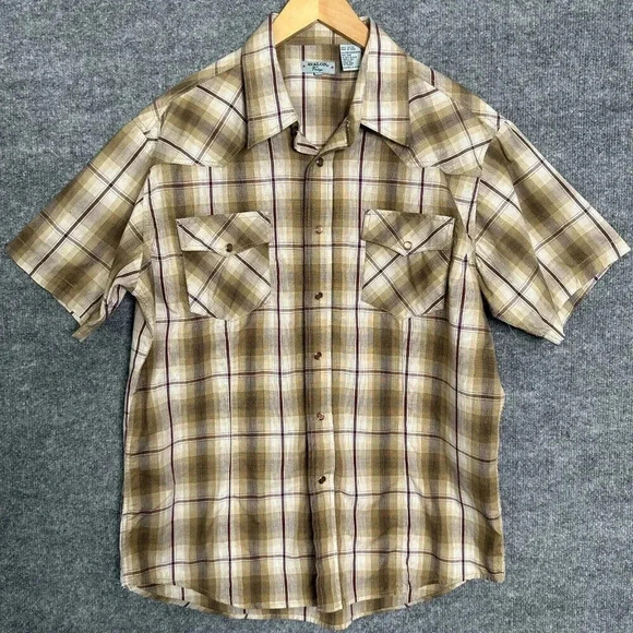 Western Plaid Shirt Mens Medium Tan Short Sleeve Pearl Snap Flap Pockets Cowboy - Picture 1 of 7